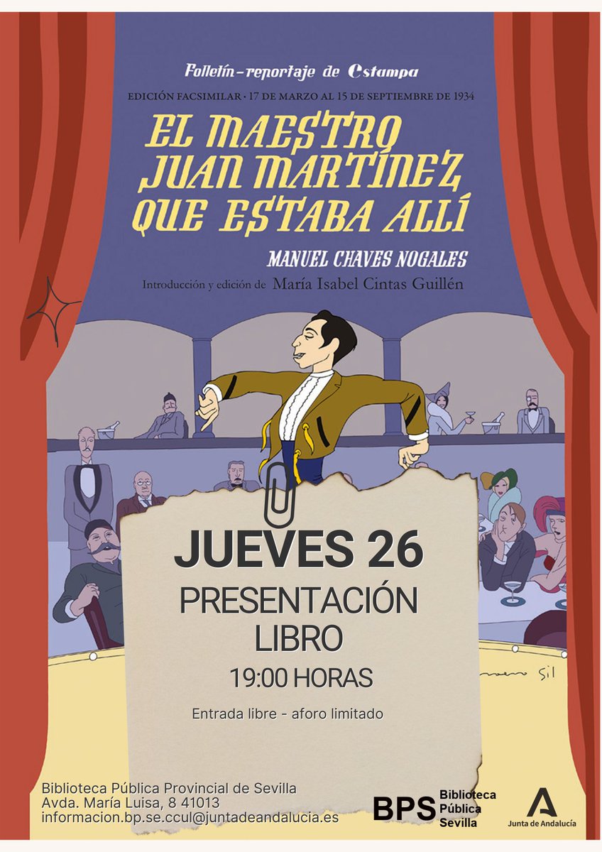 Biblioteca Sevilla (@bibsevilla) on Twitter photo Esta tarde presentación de la obra facsímil "El Maestro Juan Martínez que estaba allí" de Chaves Nogales. ¡Te esperamos!
<a href="/bibsevilla/">Biblioteca Sevilla</a>
<a href="/CulturaAND/">Cultura Junta de Andalucía</a>
<a href="/Mariaisabelcint/">Maria isabel cintas </a>
<a href="/Confluencias1/">Confluencias Editorial</a> Esta tarde presentación de la obra facsímil "El Maestro Juan Martínez que estaba allí" de Chaves Nogales. ¡Te esperamos!
<a href="/bibsevilla/">Biblioteca Sevilla</a>
<a href="/CulturaAND/">Cultura Junta de Andalucía</a>
<a href="/Mariaisabelcint/">Maria isabel cintas </a>
<a href="/Confluencias1/">Confluencias Editorial</a>