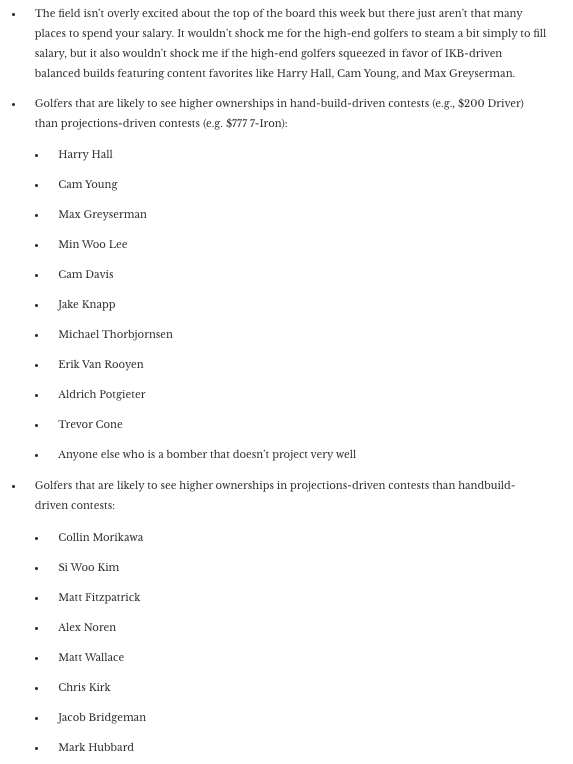 wahoowaaa's tweet image. Every week at @EstablishTheRun we project DraftKings small-field ownership for @ETRGolf. We also detail the nuances between handbuild-driven contests (e.g. $200 Driver) and projections-driven contests (e.g. $777 7Iron). Here are this week's biggest gaps between the two contests:
