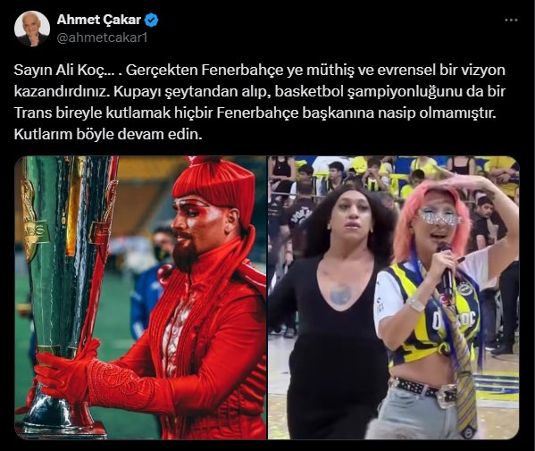 Ahmet Çakar: 'Sayın Ali Koç…

Gerçekten Fenerbahçe'ye müthiş ve evrensel bir vizyon kazandırdınız. Kupayı şeytandan alıp, basketbol şampiyonluğunu da bir Trans bireyle kutlamak hiçbir Fenerbahçe başkanına nasip olmamıştır. Kutlarım böyle devam edin.'

#FenerbahceBeko #travesti