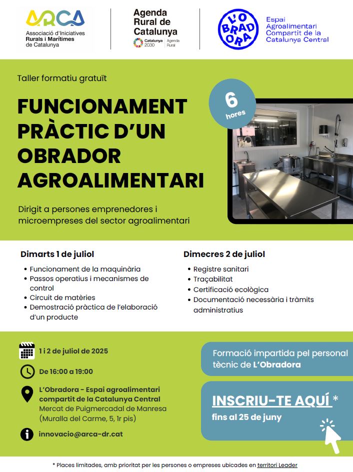 Assoc Des. Rural CC (@adrcatcentral) on Twitter photo 📢 <a href="/arcaruralcat/">Associació Iniciatives Rurals Marítimes Catalunya</a> et convida a un taller formatiu per aprendre com funciona un obrador agroalimentari.
⁉️ El taller de 6 hores està dirigit a persones emprenedores i microempreses del sector agroalimentari.
📅 1 i 2 de juliol
🕘 De 16h a 19h
📍<a href="/lobradora/">L'Obradora</a>
⚠️ Places limitades⚠️ 📢 <a href="/arcaruralcat/">Associació Iniciatives Rurals Marítimes Catalunya</a> et convida a un taller formatiu per aprendre com funciona un obrador agroalimentari.
⁉️ El taller de 6 hores està dirigit a persones emprenedores i microempreses del sector agroalimentari.
📅 1 i 2 de juliol
🕘 De 16h a 19h
📍<a href="/lobradora/">L'Obradora</a>
⚠️ Places limitades⚠️