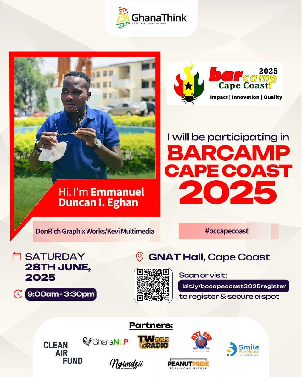 BcCapeCoast's tweet photo. Emmanuel Duncan Eghan attended Cape Coast Technical University. This year's #BarcampCapeCoast is in his area, #GNATHall. Join @eghan_junior to participate in #BarcampCapeCoast 2025.

#BarcampCapeCoast #CapeCoast #KonnectWithUs: #learning, #sharing, #networking &amp; #mentoring. https://t.co/jOsdtXL10l