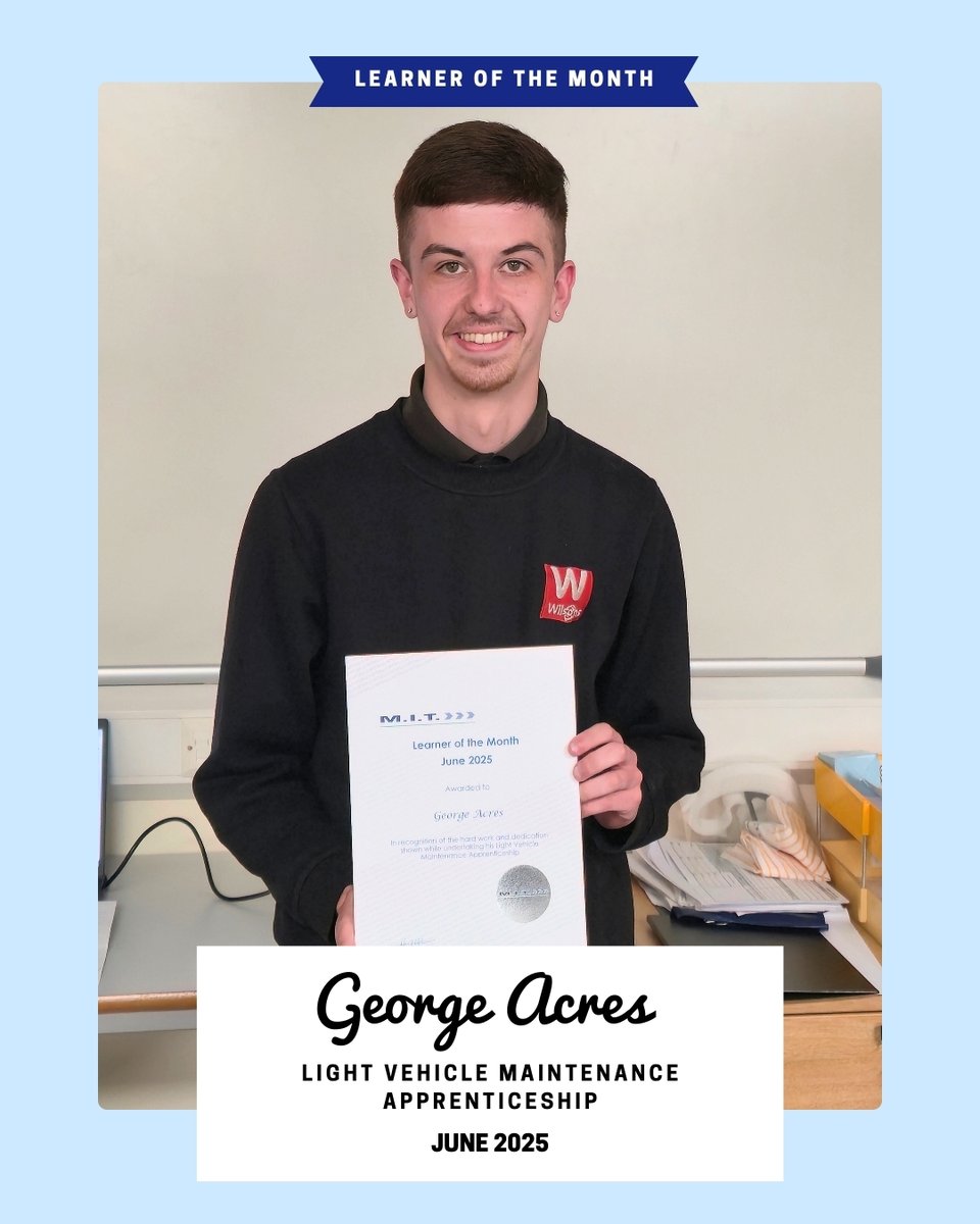 Huge congratulations to George Acres, our Learner of the Month for June! 🥳
George is doing an outstanding job in his Light Vehicle Maintenance Apprenticeship, showing true dedication and a passion for excellence.  👏✨

#LearnerOfTheMonth #Apprenticeship #MITSkills