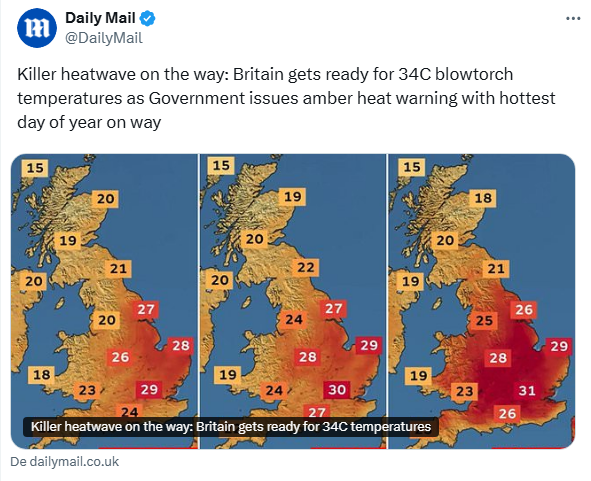 SaindodaBolha's tweet photo. Você ainda não despreza a imprensa o suficiente!

Veja a linguagem utilizada pelo Daily Mail para uma frente com calor de até 34 graus PREVISTOS (que sequer aparece no mapa).

Quem quiser se divertir, acompanhe a temperatura por lá. Dou um e-book de presente para o primeiro que provar que a temperatura chegou a 34 em algum dia nessa frente. Pode nos cobrar!

Detalhe não captado na tradução é que a chamada do post classifica o calor como "temperatura de maçarico". 🙄
