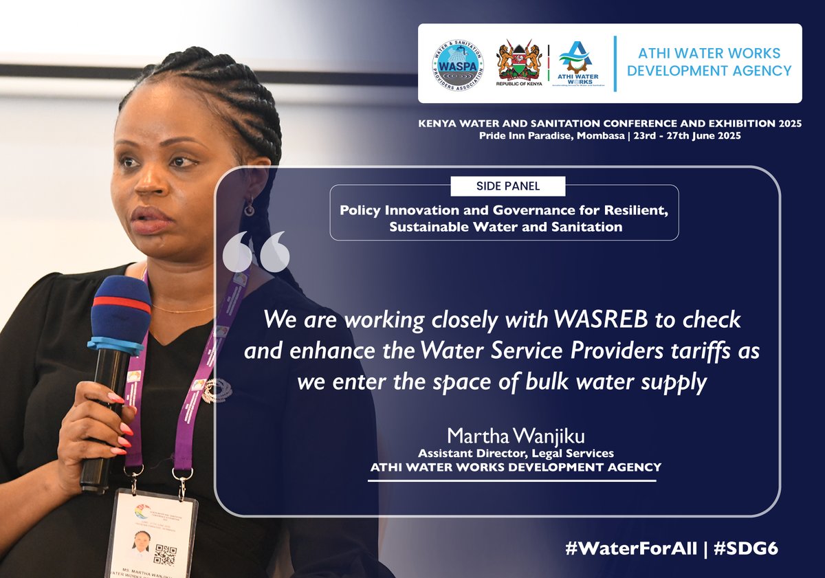 AthiWaterWorks's tweet image. Athi Water Works Development Agency Martha Wanjiku the Assistant Director Legal Services, during a side panel session on Policy Innovations and Governance for Resilient, Sustainable Water and Sanitation, discussing tariffs, bulk water service provision, and legal frameworks.