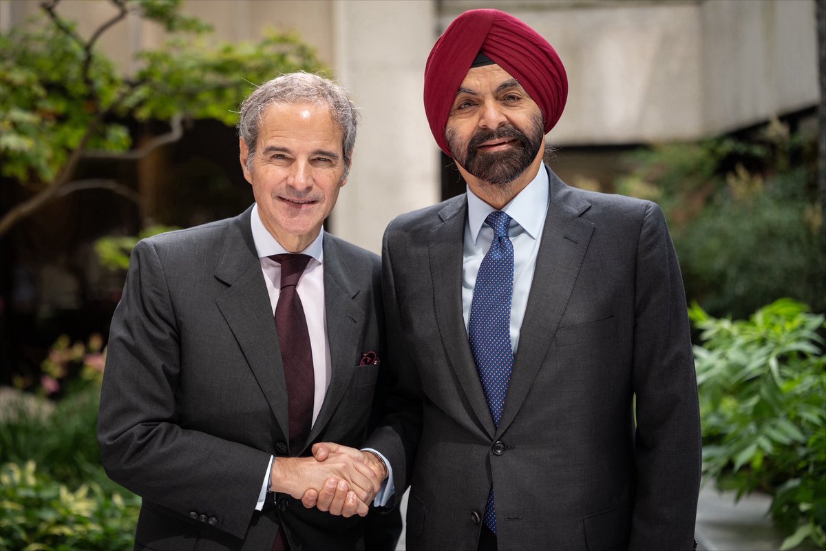 rafaelmgrossi's tweet photo. A much-needed and timely turning point for nuclear power that I strongly welcome: with President Ajay Banga, just signed an @IAEAorg/@WorldBank partnership that will allow nuclear energy to support development, reduce poverty, and help meet soaring global electricity demand. https://t.co/dqJXTclJPf