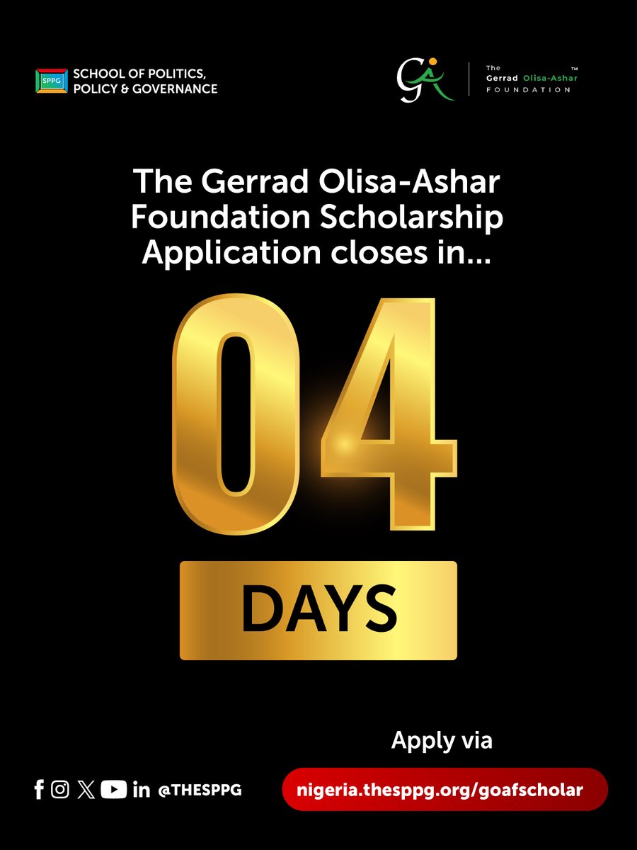 JUST 4 DAYS LEFT. 

The window to apply for the GOAF Scholarship closes in 4 DAYS.  

Don't allow this full-ride scholarship pass you by.

Apply NOW: nigeria.thesppg.org/goafscholar 

N/B: To be eligible, you must complete your SPPG Class of 2026 application before the deadline.  

Start