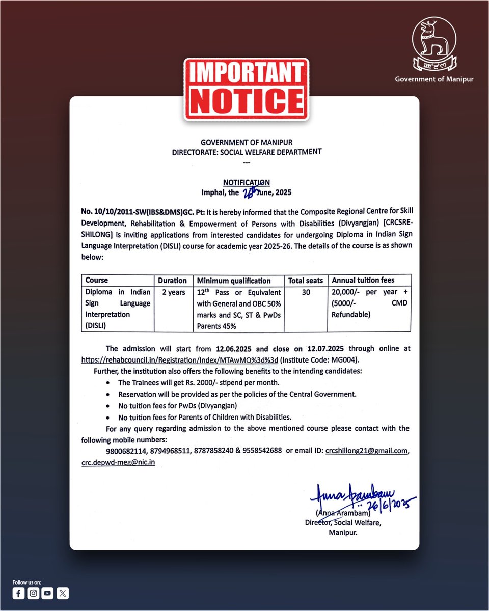 The Composite Regional Centre for Skill Development, Rehabilitation &amp; Empowerment of Persons with Disabilities (CRCSRE), Shillong is inviting applications for the Diploma in Indian Sign Language Interpretation (DISLI) for the academic year 2025–26.

Let’s build an inclusive and