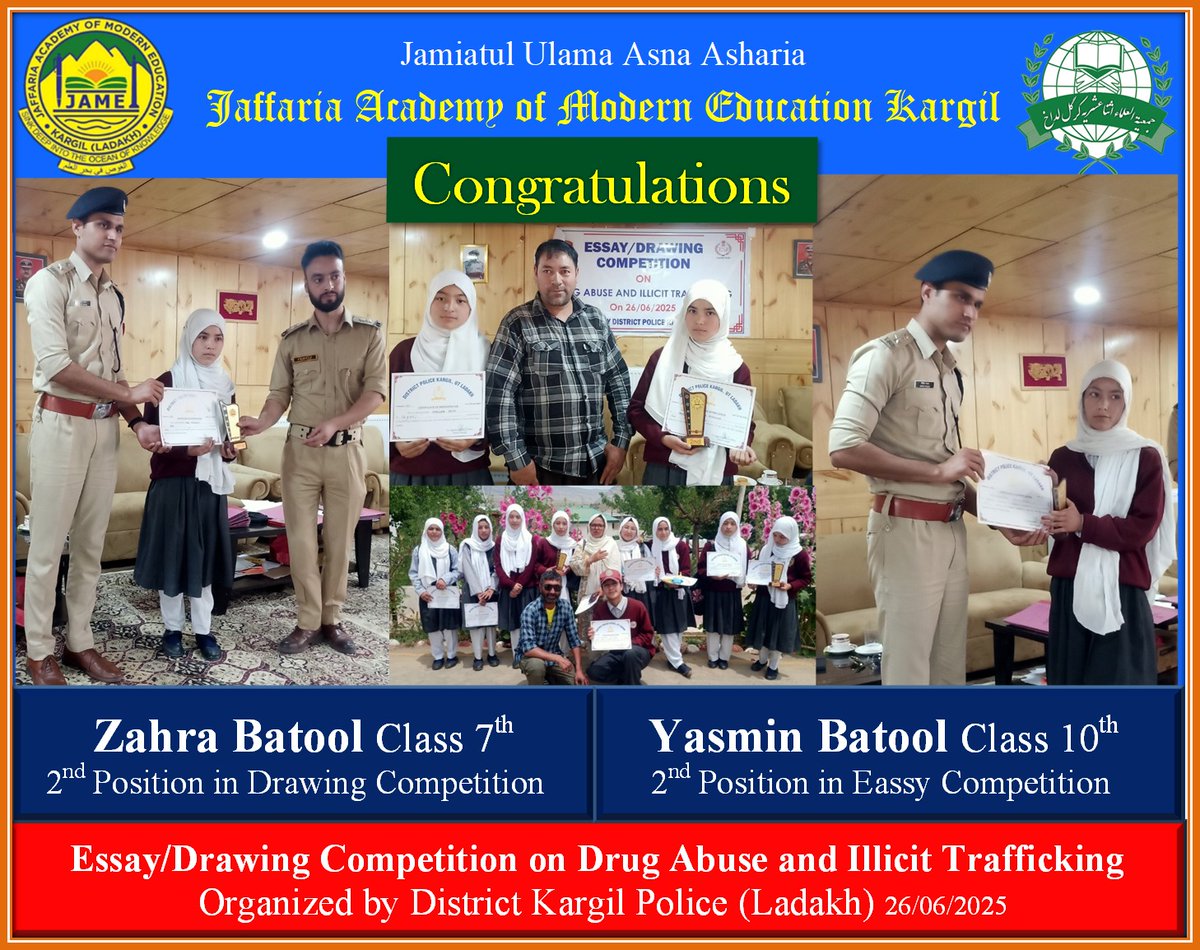 JAME_Kargil's tweet image. JAME Shines Bright! 🌟

Huge congrats to Zahara Batool &amp;amp; Yasmeen Batool for showcasing their incredible talent! They&apos;ve bagged 2nd position in both Essay &amp;amp; Drawing competitions! 🎨📝 #ProudJAME #CocurricularAchievements #TalentUnleashed #Congratulations&quot;