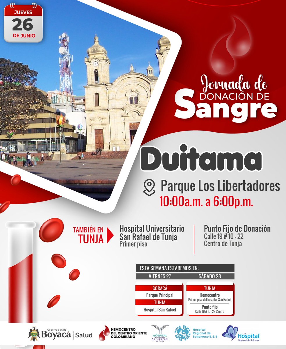 🩸 ¡Duitama dona vida!
Este 26 de junio, acércate al Parque Los Libertadores de 10 a.m. a 6 p.m. y haz la diferencia.

✅ +18 años
✅ >50 kg
✅ Con documento
✅ Sin antibióticos ni enfermedades crónicas
✅ Haber comido

💉 Dona sangre, salva 3 vidas ❤️
#DonaSangre #SalvaVidas