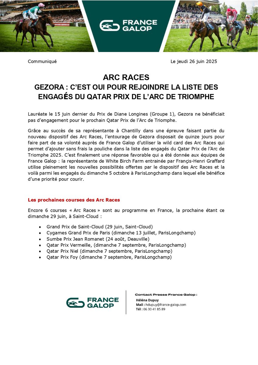 francegalop's tweet photo. 📣 𝗖𝗼𝗺𝗺𝘂𝗻𝗶𝗾𝘂𝗲́ 𝗱𝗲 𝗽𝗿𝗲𝘀𝘀𝗲 :
Arc Races 
Geroza : c'est OUI pour rejoindre la liste des engagés du Qatar Prix de l'Arc de Triomphe  ⤵️ https://t.co/UfV7AnM4J4