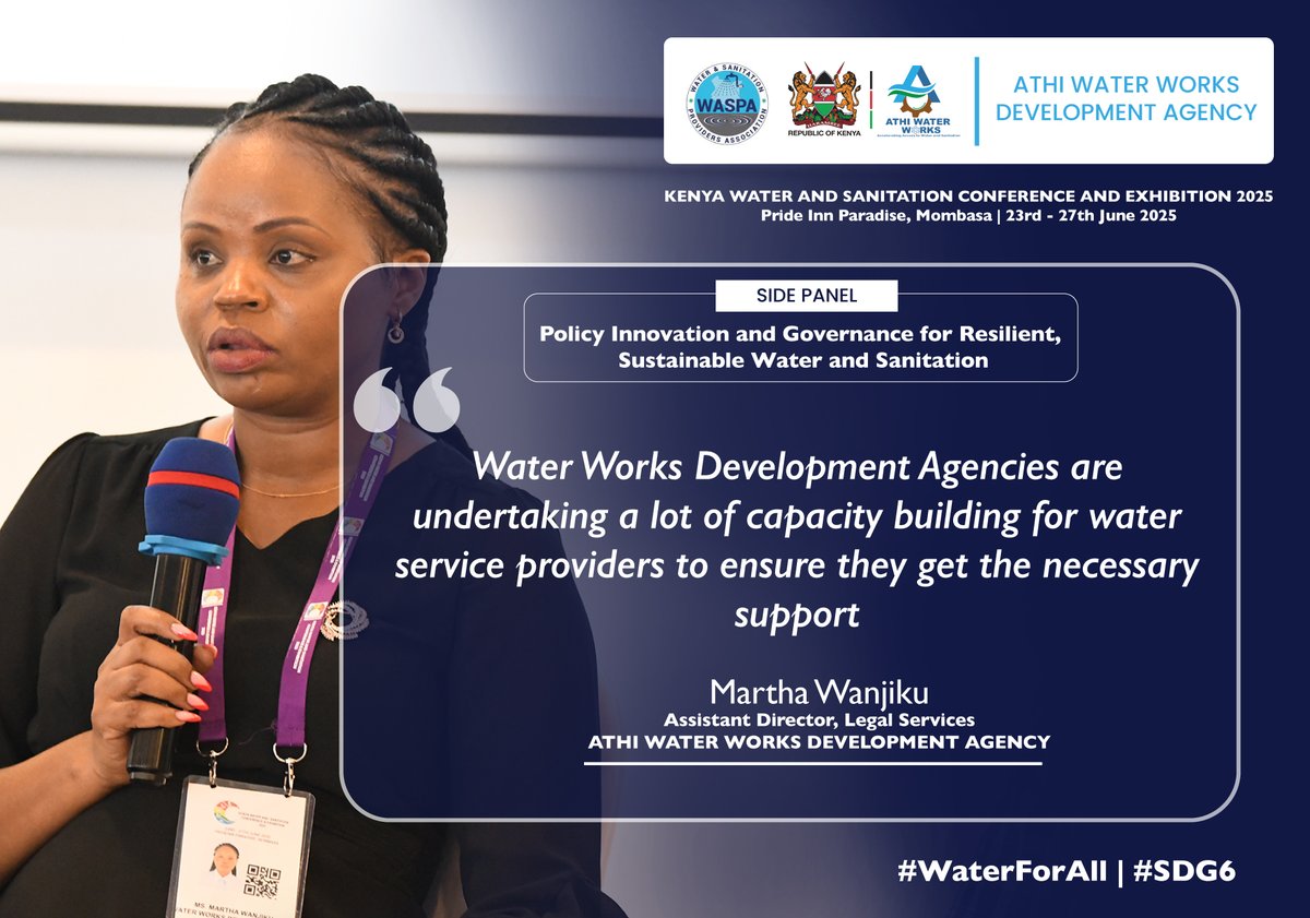 AthiWaterWorks's tweet image. Athi Water Works Development Agency Martha Wanjiku the Assistant Director Legal Services, during a side panel session on Policy Innovations and Governance for Resilient, Sustainable Water and Sanitation discussing capacity development for water service providers.