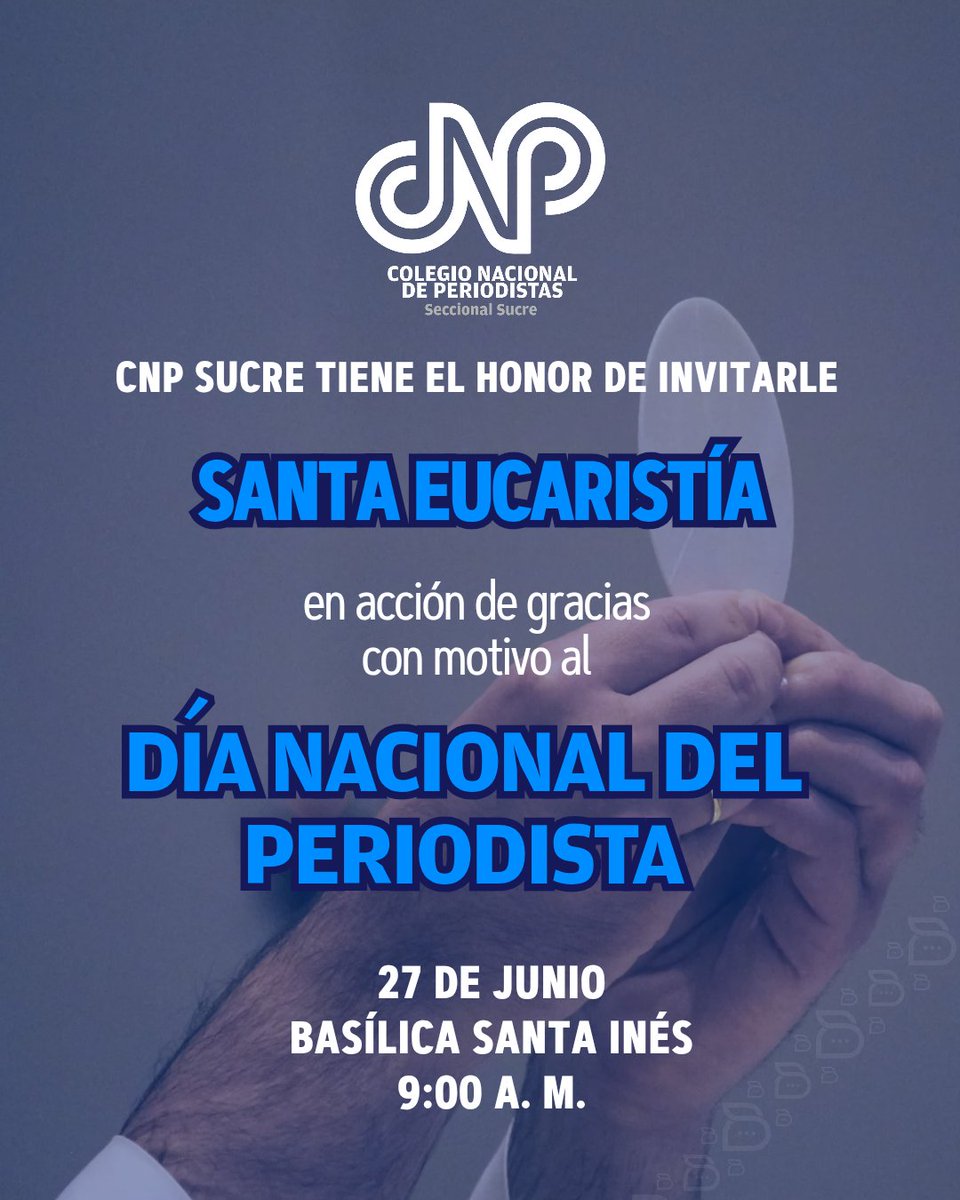 #CNPSucreInforma 📿 Están cordialmente invitados a la santa eucaristía que celebrará nuestro gremio este viernes 27 de junio para conmemorar el Día del Periodista Venezolano. 

🙏 ¡Gracias por acompañarnos!
👉 #CNPVenezuela
📂 #CNPVenezuela 
📍 #Cumaná