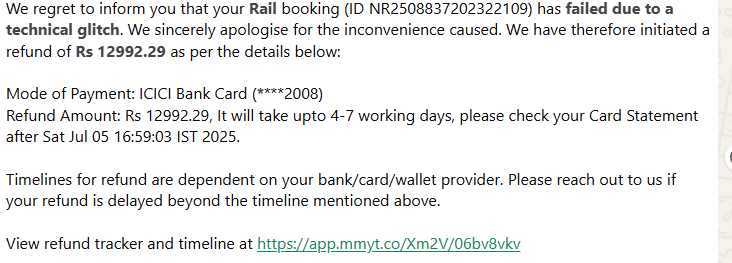 Sumitra V Goenka (सुमित्रा) (@sumitragoenka) on Twitter photo After entire process of payment of around INR 12000 is completed, money is transferred, then get the below message from <a href="/makemytrip/">MakeMyTrip</a> - says booking failed.
Message received
Your Rail Booking has Failed due to technical glitch.
Booking IDNR2508837202322109
Reference PNRFAILED After entire process of payment of around INR 12000 is completed, money is transferred, then get the below message from <a href="/makemytrip/">MakeMyTrip</a> - says booking failed.
Message received
Your Rail Booking has Failed due to technical glitch.
Booking IDNR2508837202322109
Reference PNRFAILED