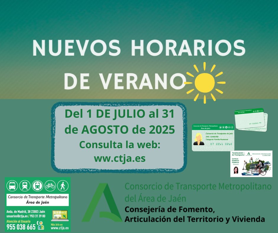 NUEVOS HORARIOS:
✅El próximo día 1 de julio entran en vigor los horarios de verano que estarán vigentes hasta el 31 de agosto.-
📲Puedes consultarlo utilizando la opción de por “Líneas” hasta su entrada en funcionamiento. 
👉siu.ctja.es/es/lineas.php