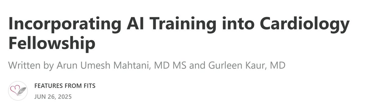 Leah Kosyakovsky (@leahkosyakovsky) on Twitter photo AI in medicine is here to stay, but most physicians have no training in it. Are we falling behind?
Read <a href="/Gurleen_Kaur96/">Gurleen Kaur, MD</a> and <a href="/ArunUMahtani/">Arun Umesh Mahtani</a>'s take on how to incorporate AI into cardiology training below! As always, subscribe to our blog for more pieces!
featuresfromfits.substack.com/p/incorporatin… AI in medicine is here to stay, but most physicians have no training in it. Are we falling behind?
Read <a href="/Gurleen_Kaur96/">Gurleen Kaur, MD</a> and <a href="/ArunUMahtani/">Arun Umesh Mahtani</a>'s take on how to incorporate AI into cardiology training below! As always, subscribe to our blog for more pieces!
featuresfromfits.substack.com/p/incorporatin…