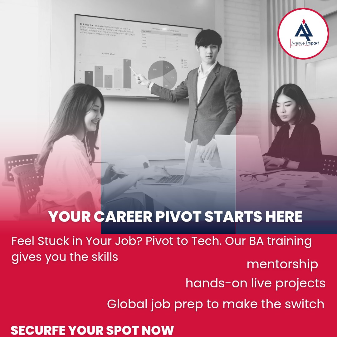 avenueimpact's tweet image. 🚨 Stuck or underpaid in your job? Time to pivot.

At Avenue Impact, we train real Business Analysts with mentorship, live projects &amp;amp; global job prep.

🎯 Cohort starts July 21
🔥 30% OFF till July 15
👉 avenueimpact.com/courses/busine…

#TechPivot #anaIysis #CareerSwitch #careerpivot