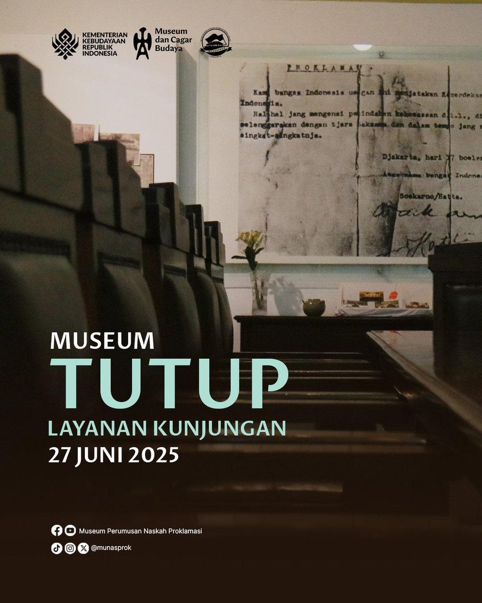 munasprok's tweet photo. Halo #SahabatMunasprok dalam rangka memperingati Tahun Baru Islam 1 Muharam 1447 H, Museum Perumusan Naskah Proklamasi tutup layanan kunjungan pada Jumat, 27 Juni 2025. Buka kembali Sabtu, 28 Juni 2025.

#Munasprok #Libur #TahunBaruIslam #Juni https://t.co/qwzNz8rQTa