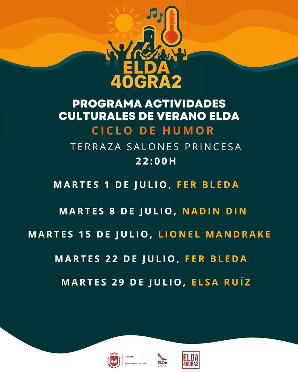 🌞🌡️ El humor llegará a Elda 40Gra2 en julio con el ciclo de monólogos en los Salones Princesa

elda.es/?p=875874

#Elda #Elda40gra2