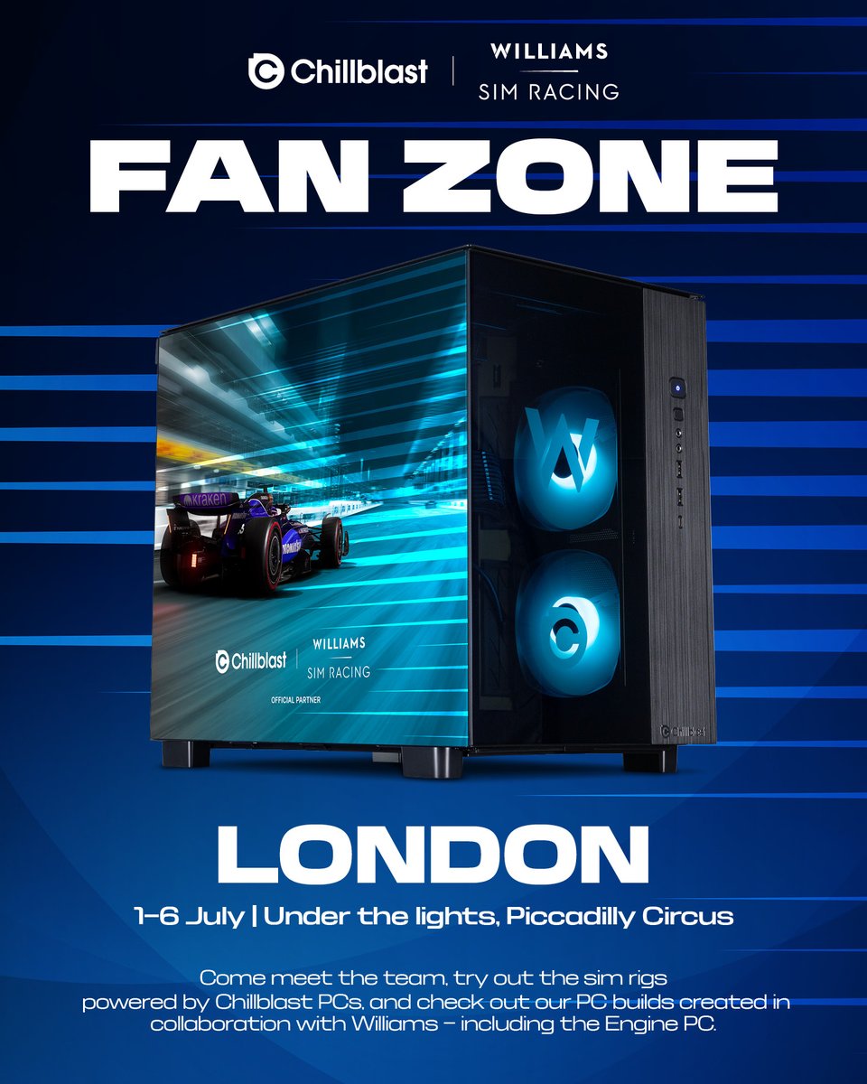 Chillblast (@chillblast) on Twitter photo We're going to be at the <a href="/WilliamsRacing/">Atlassian Williams Racing</a> Fan Zone! 🏁
Come meet the team and try out the sim rigs powered by high-performance Chillblast PCs 🖥️⚡
Check out our custom PC builds made in collaboration with <a href="/WilliamsEsports/">Williams Sim Racing</a>, including the iconic Engine PC – a true mix of F1 style We're going to be at the <a href="/WilliamsRacing/">Atlassian Williams Racing</a> Fan Zone! 🏁
Come meet the team and try out the sim rigs powered by high-performance Chillblast PCs 🖥️⚡
Check out our custom PC builds made in collaboration with <a href="/WilliamsEsports/">Williams Sim Racing</a>, including the iconic Engine PC – a true mix of F1 style