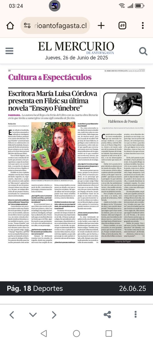 El sábado al mediodía la escritora <a href="/maria___luisa/">María Luisa Córdova ✨🔪📖</a> con su mejor novela negra.
Venta y firma de libros 📚💫💖
<a href="/Filzic/">FILZIC</a>
<a href="/Republicaantofa/">La República De Las Letras Antofagasta</a>
<a href="/ccamposmarin/">Cristhian Campos</a>
<a href="/fuegoimaginario/">Bernardo Cienfuegos</a>
#Antofagasta