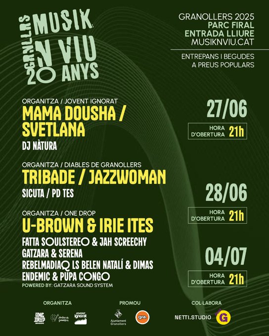📢Els dies 27 i 28 de juny i el 4 de juliol Musik N Viu  portarà a l’escenari grups com Svetlana, Mama Dousha, Tribade, JazzWoman o U-Borwn &amp; Irie Ites, amb la participació de Jovent Ignorat, One Drop i els Diables de Granollers.

👉Podeu consultar tota la programació a: