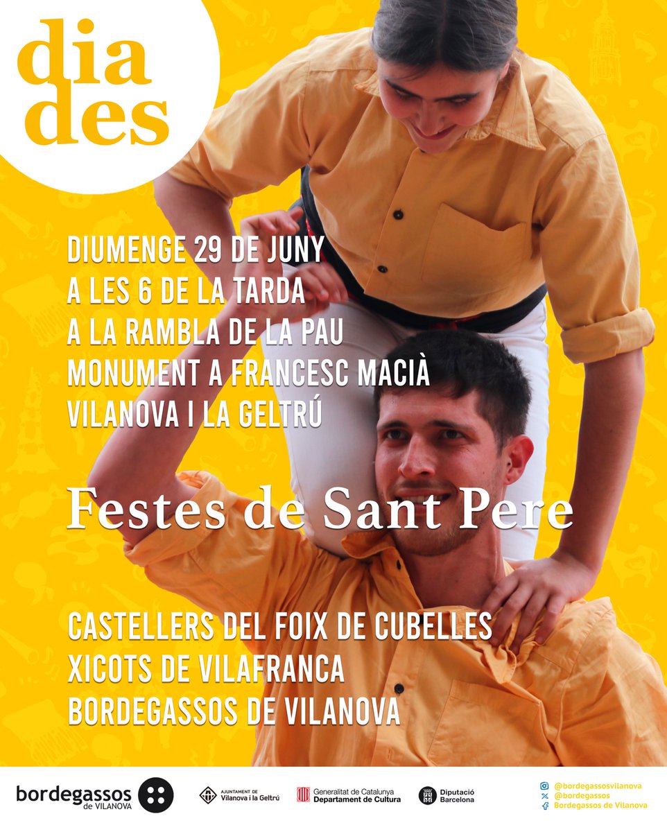 bordegassos's tweet image. 🟡 Aquest diumenge actuem al Barri de Mar de Vilanova i la Geltrú amb motiu de les Festes de Sant Pere!
📅 29 de juny a les 18:00 h
📍Rambla de la Pau - Monument a Francesc Macià
👥 @Xicots @CastDelFoix
#sombordegassos #devilanova #castells