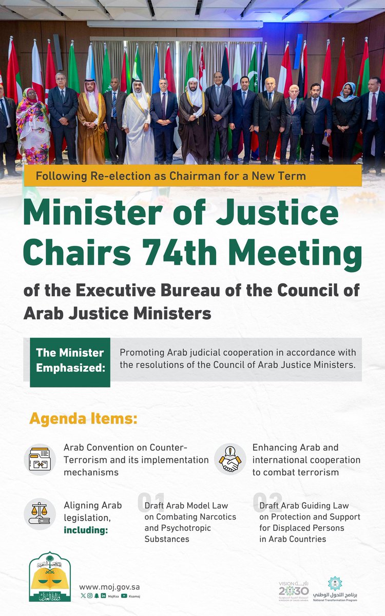 Saudi Minister of Justice, re-elected as Chairman, presides over 74th meeting of the Executive Bureau of the Council of Arab Justice Ministers.