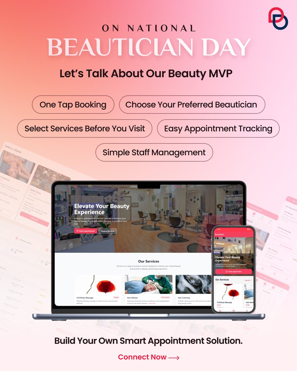 BrainiumIT's tweet image. Serving looks and smarter bookings?
We built a beauty MVP that lets users book, choose beauticians & services online while owners manage it all via a sleek dashboard.
Ready for your digital glow-up?
Connect Now.
#Brainium #NationalBeauticianDay #IdeateImplementSucceed