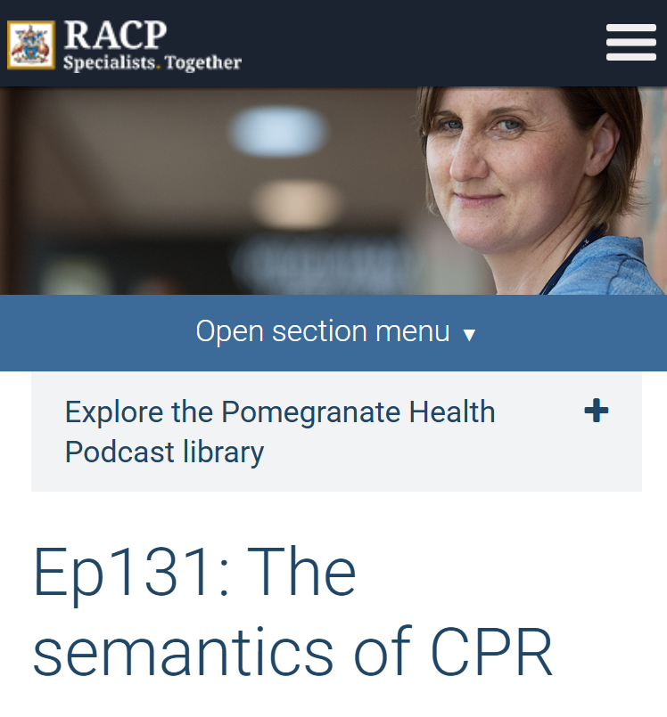drkathrynmannix's tweet image. Delighted to work with specialists in cardiology, intensive care medicine & palliative medicine in NZ & Australia to contemplate the way our discussion of CPR prejudices public understanding of its (limited) role in medicine.
Podcast for @TheRACP
racp.edu.au/pomegranate/vi…