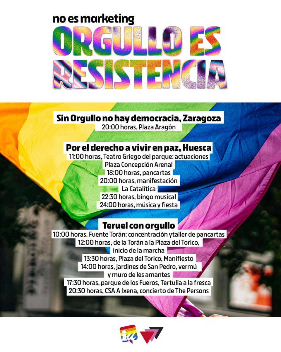 🌈 Este #28J salimos a la calle en Aragón
✊🏽 Porque no es marketing. Orgullo es resistencia
📍 Os dejamos las convocatorias de Zaragoza, Huesca y Teruel. ¡Busca la de tu territorio y nos vemos en las calles!
#OrgulloAragón #28J #DíaDelOrgullo #OrgulloLGTBIQ #IzquierdaUnida