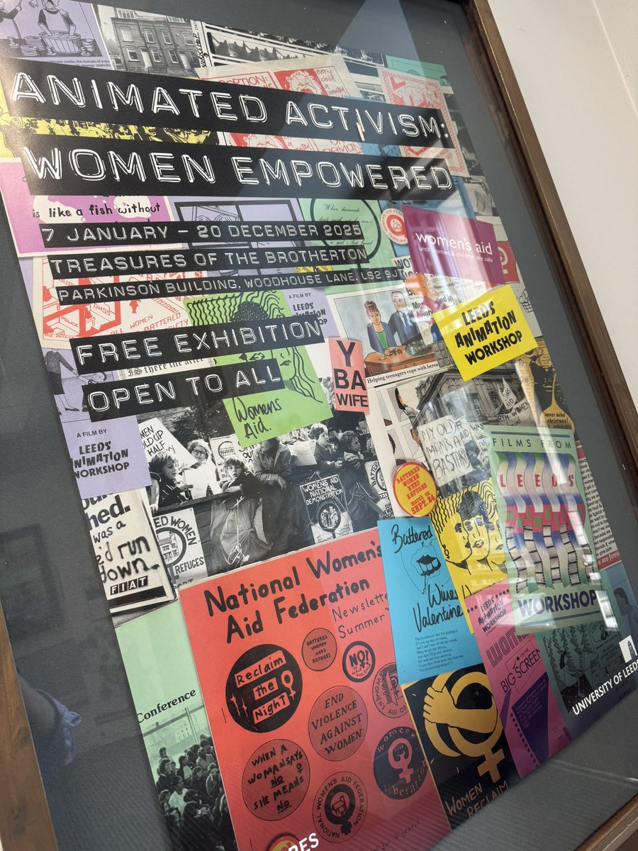 BenHalligan's tweet image. "Animated Activism" exhibition @UniversityLeeds -- recreated 1980s feminist action hot desk (with Crass making a mug cameo), and Cel artwork from "Give Us A Smile" (1983), imagining seedy Soho aflame, the night reclaimed.