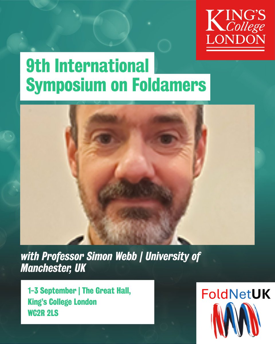 FoldNetUK's tweet image. 🧬 Speaking at Foldamers 2025: ​​​Professor Simon Webb - @OfficialUoM, UK

Professor Simon Webb will be discussing recognition, relay, reaction: transmitting chemical information along foldamers. 

📍 Register now: foldamers2025.com
@ChemManchester