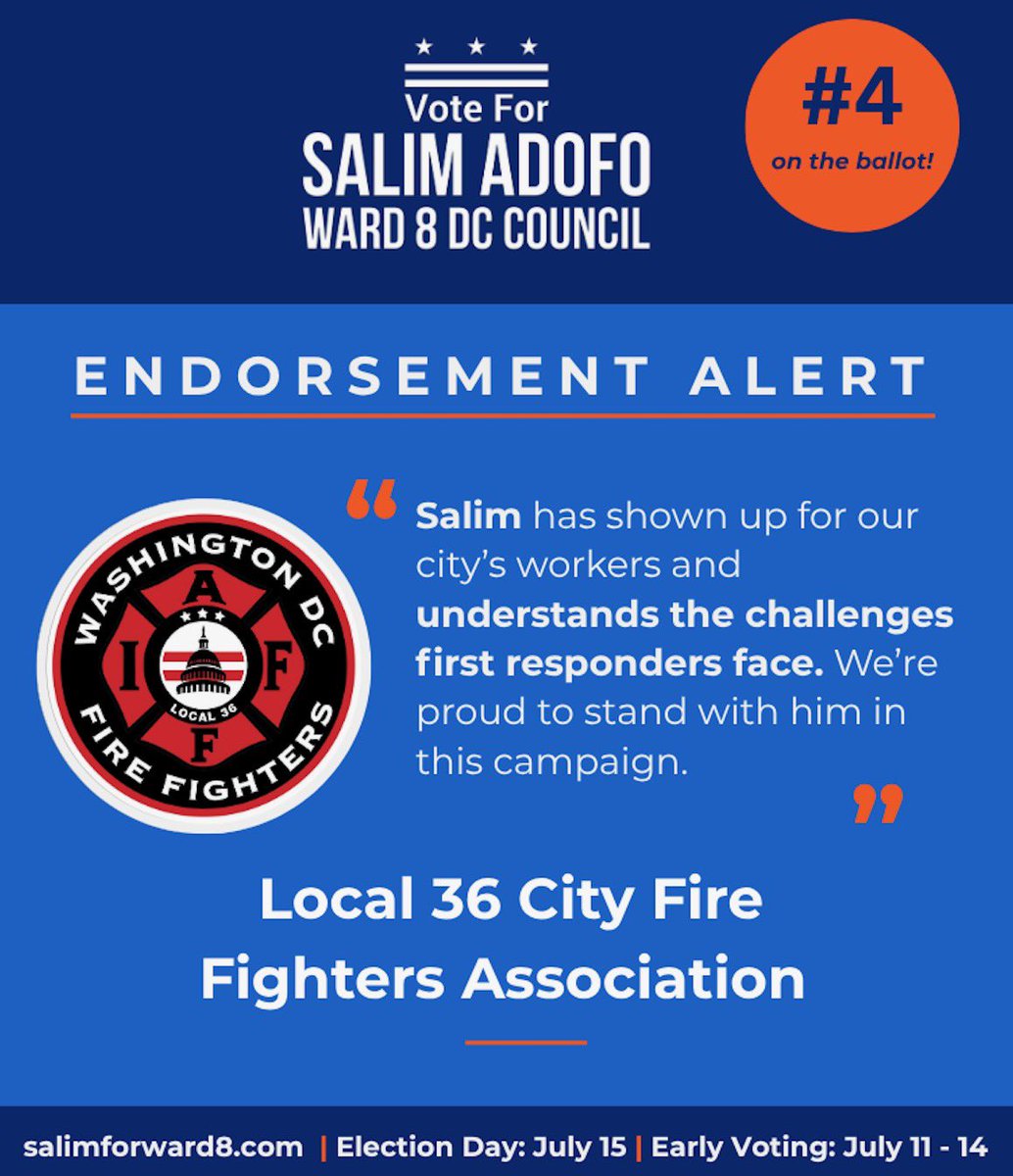 Washington, D.C. — D.C. Fire Fighters Local 36 <a href="/IAFF36/">DC Fire Fighters Association, Local 36</a>  has endorsed Commissioner Salim Adofo in
the upcoming special election for Ward 8 Councilmember, citing his commitment to
community safety and support for working people across the District.

“Salim has shown up for our