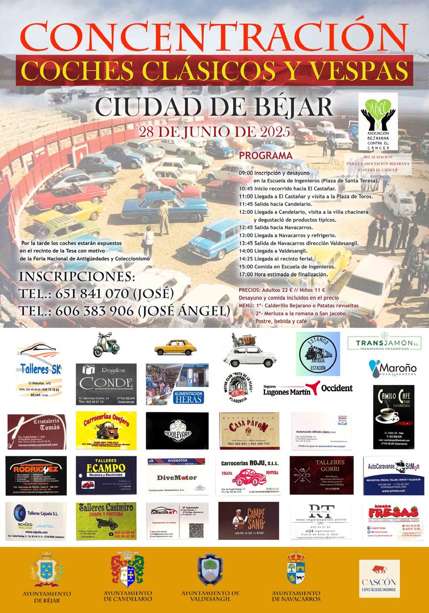 🚗🛵 ¡Pasión por el motor clásico con causa solidaria!
📅 28 de junio | Béjar
Llega una de las citas más esperadas: la Concentración de Coches Clásicos y Vespas.
Un evento lleno de historia, motor y solidaridad, a beneficio de la Asociación Bejarana Contra el Cáncer.