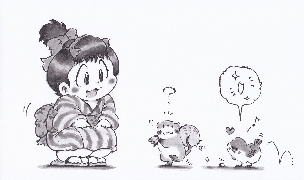 スズメとネズミと女の子（米つぶ）