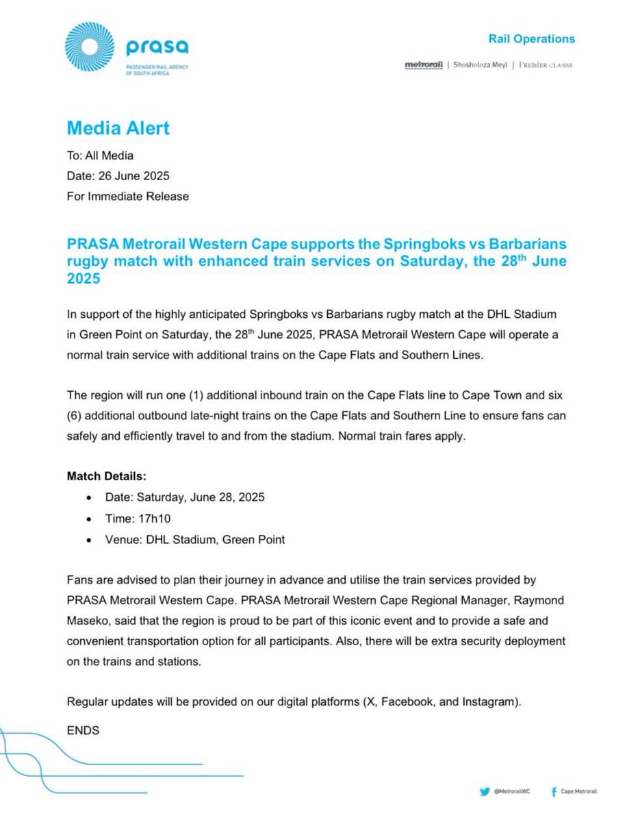 PRASA Metrorail Western Cape supports the Springboks vs Barbarians
rugby match with enhanced train services on Saturday, the 28th June 2025