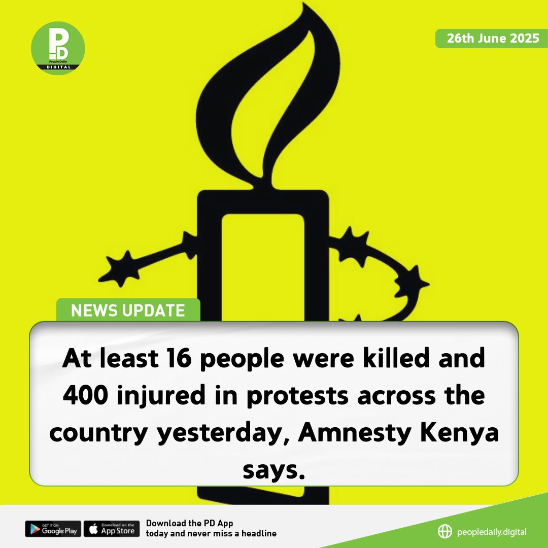 PeopleDailyKe's tweet image. Amnesty kenya say at least 16 lives lost and 400 injured in yesterday’s #June25th protests. PDNews #PDSiasa