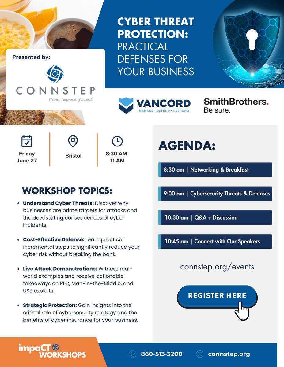 Registration for tomorrow's Cyber Threat Protection workshop ends soon! 

Get vital details on strengthening cyber defenses for your business. Secure your spot now! connstep.org/events/

     📆Friday, June 27
     🏢Bristol
     ⏰ 8:30 AM - 11 AM
