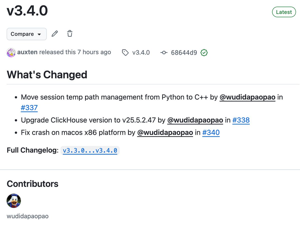 chdb (@chdb_io) on Twitter photo chDB v3.4.0 released with <a href="/ClickHouseDB/">ClickHouse</a> v25.5 inside๐๐๐๐
github.com/chdb-io/chdb/rโฆ chDB v3.4.0 released with <a href="/ClickHouseDB/">ClickHouse</a> v25.5 inside๐๐๐๐
github.com/chdb-io/chdb/rโฆ
