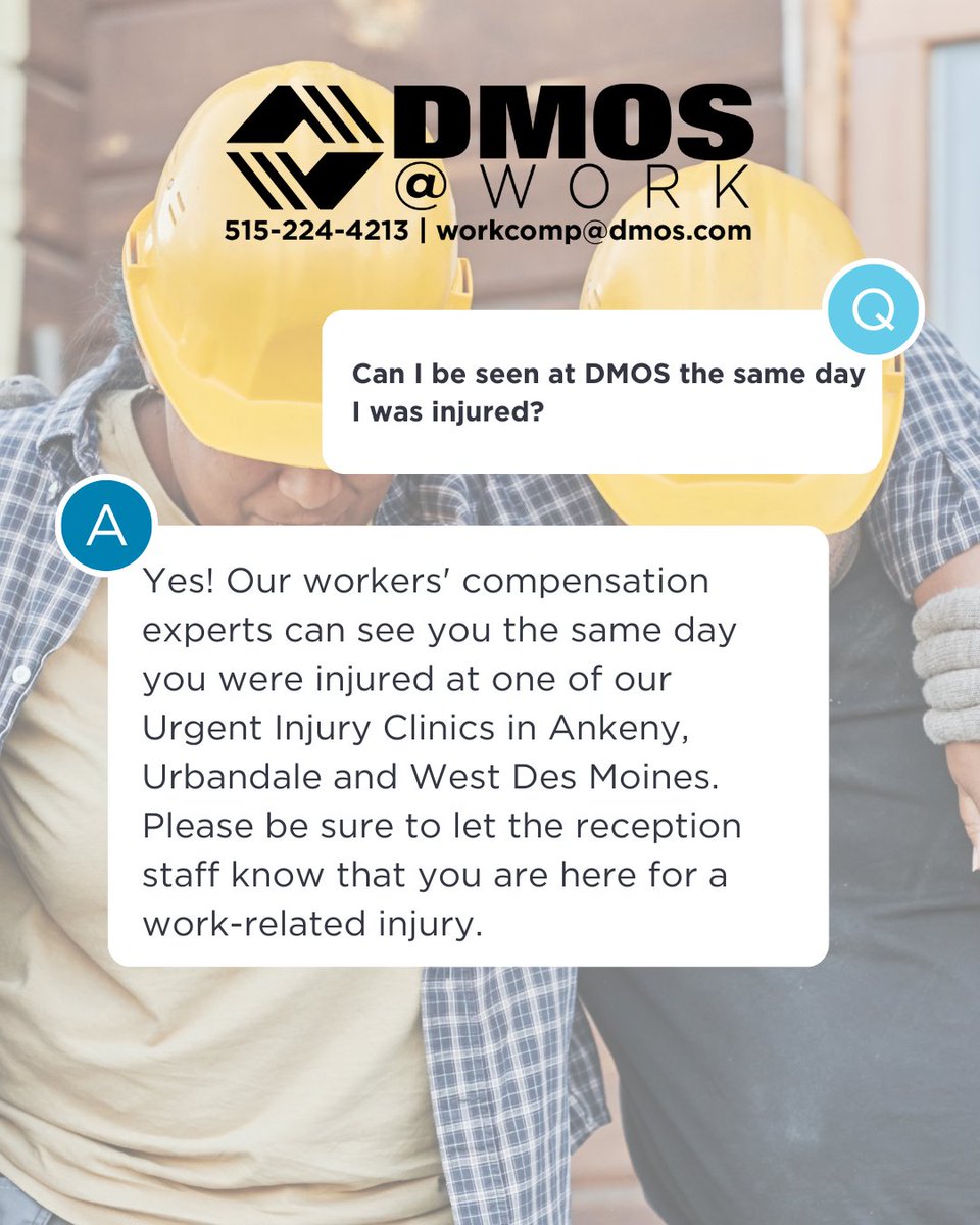 DMOS is able to see work comp patients the same day the injury occurred at our Urgent Injury Clinics located in Ankeny, Urbandale and West Des Moines!

Learn more about our workers' compensation services by visiting tinyurl.com/4dvjp7tt! #orthopedics #workerscomp