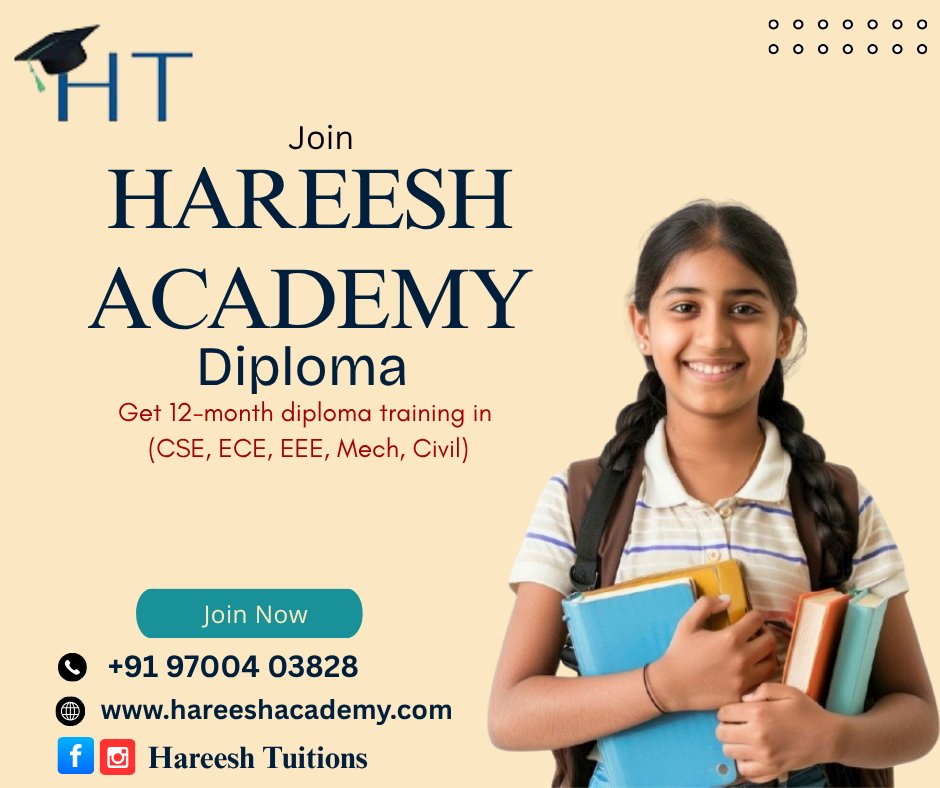 hareeshacademy8's tweet image. Join Hareesh Academy

Get 12 months diploma training in (CSE, ECE, EEE, Mech, Civil)

#HareeshacademyinHyderabad #Hareeshacademy #bestcoachinginstituteforjee #bestcoachingcentreforneet #Hareeshacademyecilcontactnumber
