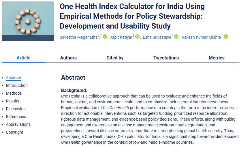 In a new study we introduce a #OneHealth Index Calculator tailored for #India - combining fuzzy‑rating &amp; entropy‑weighting on 156/216 indicators. It reveals budget-linked health performance gains &amp; highlights data gaps for targeted policy action.

🔗ojphi.jmir.org/2025/1/e65039/…

1/3