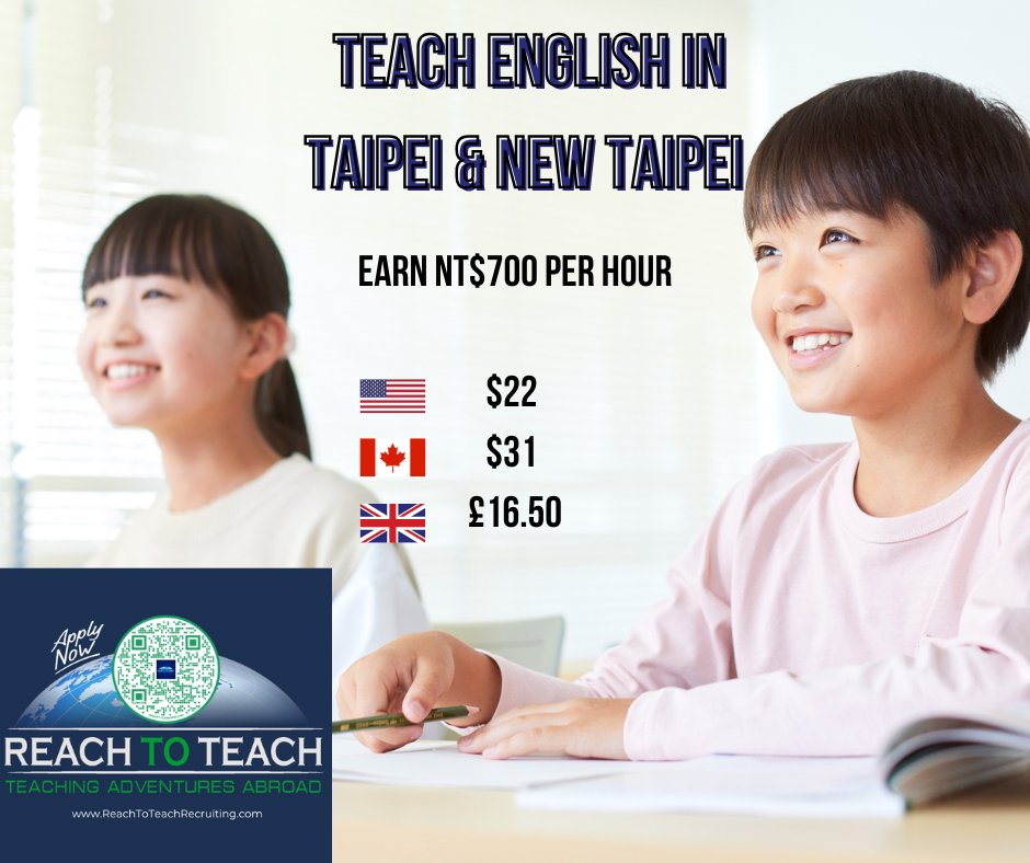 Reach_To_Teach's tweet image. TEFL-qualified teachers: Interested in teaching ages 6-15 years of age? Earn NT$700+ per hour. 20 hours guaranteed per week. $22USD / $31CDN per.
ASAP - SUMMER 2025
Apply here: reachtoteachrecruiting.com/apply-now-to-t…
#TeachAbroad #ReachToTeach #Taiwan #TeachTaiwan #ESLTeachers #TEFLTeachers