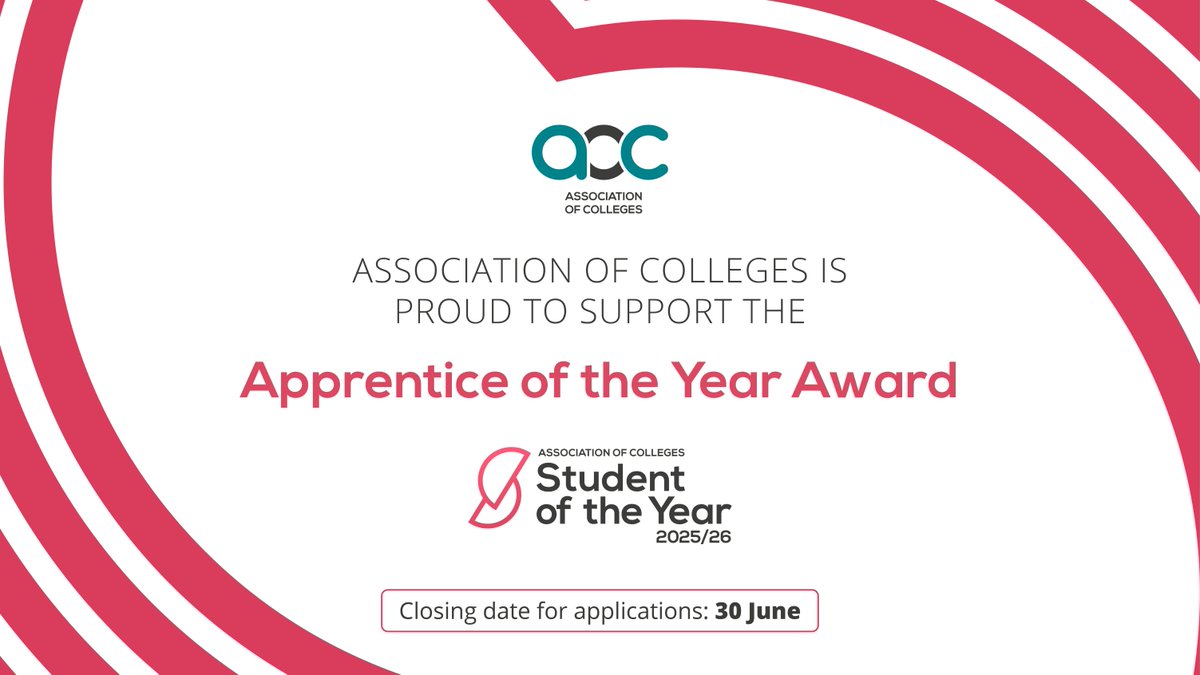 Last chance to apply for the AoC Student of the Year Awards 2025/26.

These awards are an opportunity to highlight exceptional individuals and showcase their achievements and talents. #AoCStudentAwards #LoveOurColleges

Apply now: aoc.co.uk/awards/student…