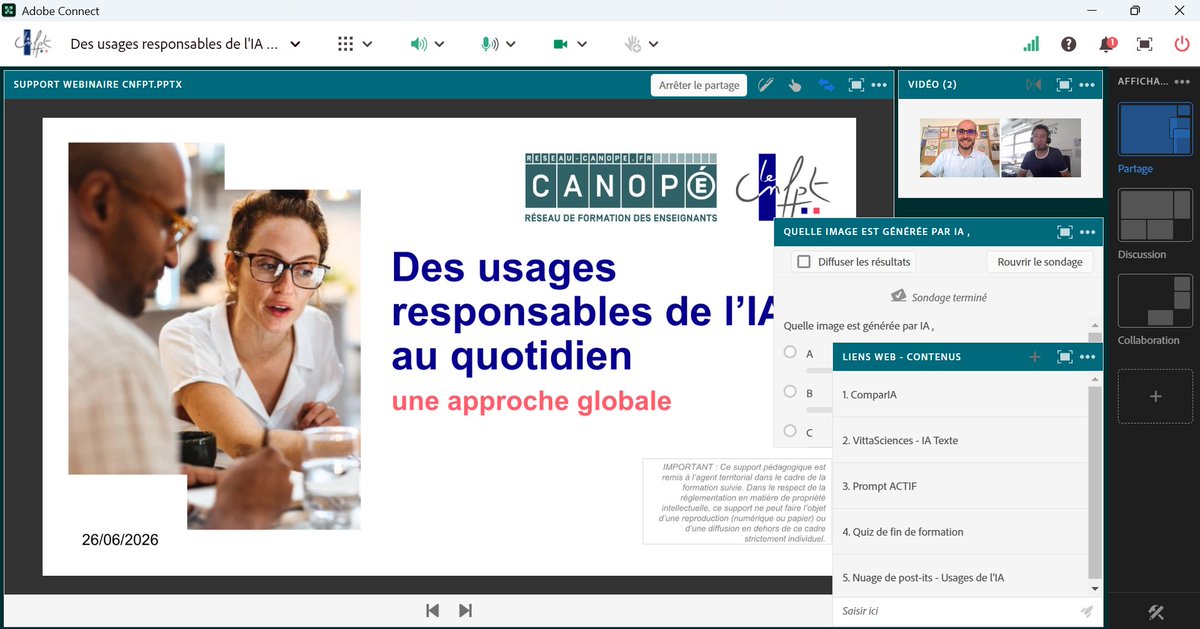 🎬Top départ

Plus de 600 inscrits pour le webinaire "Des usages responsables de l’IA au quotidien : une approche globale"
➡️En partenariat avec <a href="/cnfpt/">CNFPT</a> Centre-Val de Loire
🧠Éthique, esprit critique, impact écologique

Merci aux agents des collectivités présents !

#IA #Formation