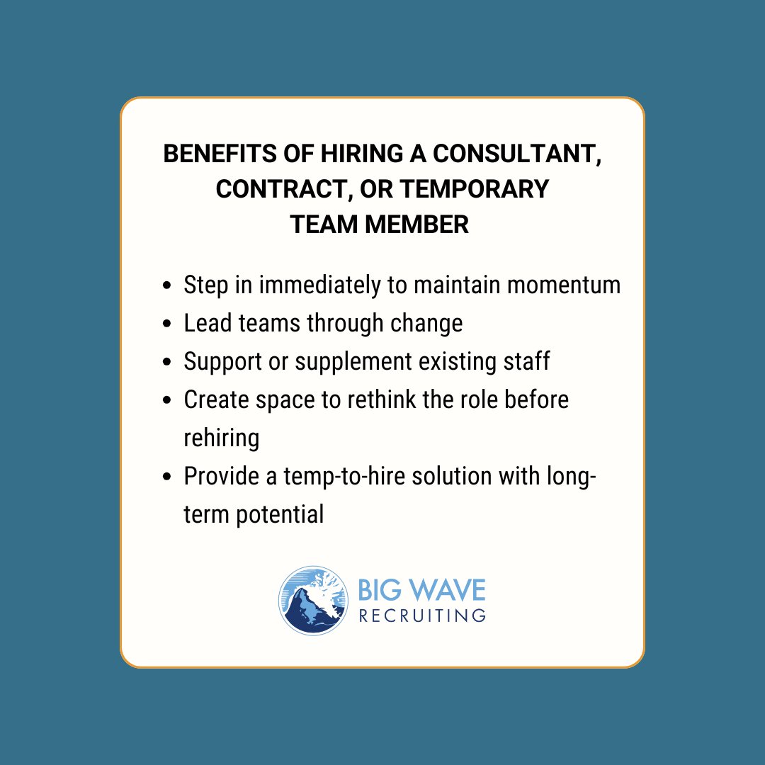 BigWaveRecruit's tweet image. We place contract and consulting personnel who keep your business moving forward. Whether you need coverage for a LOA, #extrasupport for a project, or to fill in during a transition, we can help. Bringing in a #consultant isn’t just a stopgap—it’s a strategic opportunity.
