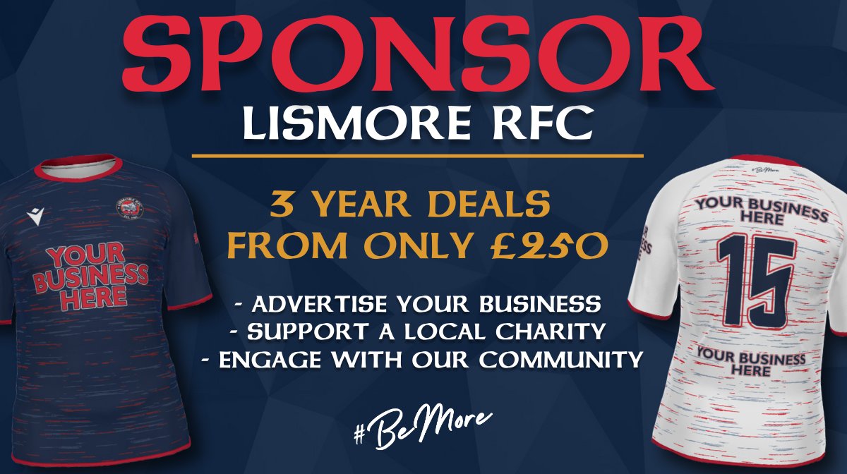 📢 Kit sponsorship from just £250!

Lismore RFC is looking for sponsors for our Senior Men’s &amp; Women’s teams this season

Support local sport, promote your business &amp; join a great community!

More info 👉 bit.ly/4kdaIiR
📩 Rugby@LismoreRFC.co.uk

#BeMore