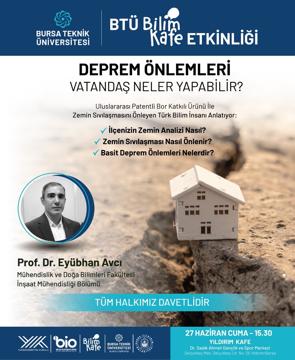 Üniversitemizde ürettiğimiz akademik bilgiyi halkımız ile paylaştığımız Bilim Kafe etkinliğinin ilkinde depremlere karşı alınabilecek önlemleri konuşacağız.

BTÜ Bilim Kafe 27 Haziran Cuma saat 15.30’da Yıldırım Kafe’de. 

Tüm halkımız davetlidir.