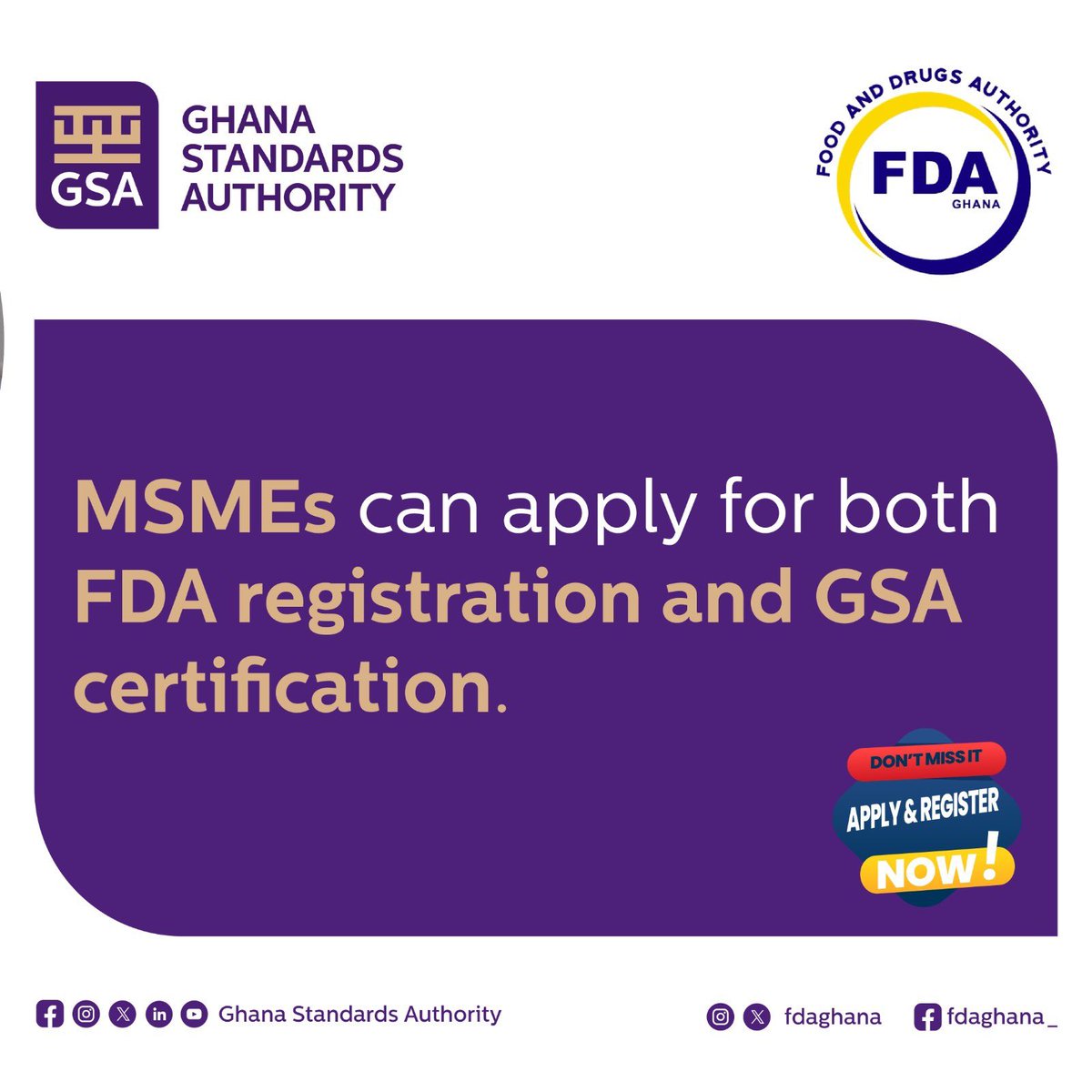 fdaghana's tweet photo. You can now apply for both FDA registration and GSA certification β all in one streamlined process. Simpler, faster, and better for your business growth. πβ¨Donβt miss this opportunity β Apply and Register NOW!
Β
#FDAGhana
#GhanaStandardsAuthority
#CertificationSimplified https://t.co/mp54yoWrHr