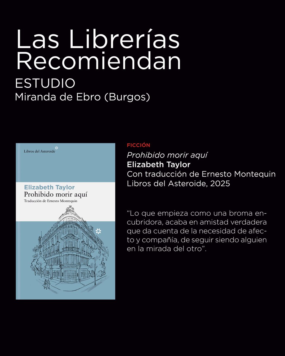 Todostuslibros (@todostuslibros_) on Twitter photo #laslibreríasrecomiendan
Librería Estudio de Miranda de Ebro (Burgos) nos recomienda la lectura de 'Prohibido morir aquí', de Elizabeth Taylor, con traducción de Ernesto Montequin, en <a href="/LibrosAsteroide/">Libros del Asteroide</a>.
Búscalo en tu librería:
acortar.link/Yb8CGm
#todostuslibros #librerías #laslibreríasrecomiendan
Librería Estudio de Miranda de Ebro (Burgos) nos recomienda la lectura de 'Prohibido morir aquí', de Elizabeth Taylor, con traducción de Ernesto Montequin, en <a href="/LibrosAsteroide/">Libros del Asteroide</a>.
Búscalo en tu librería:
acortar.link/Yb8CGm
#todostuslibros #librerías